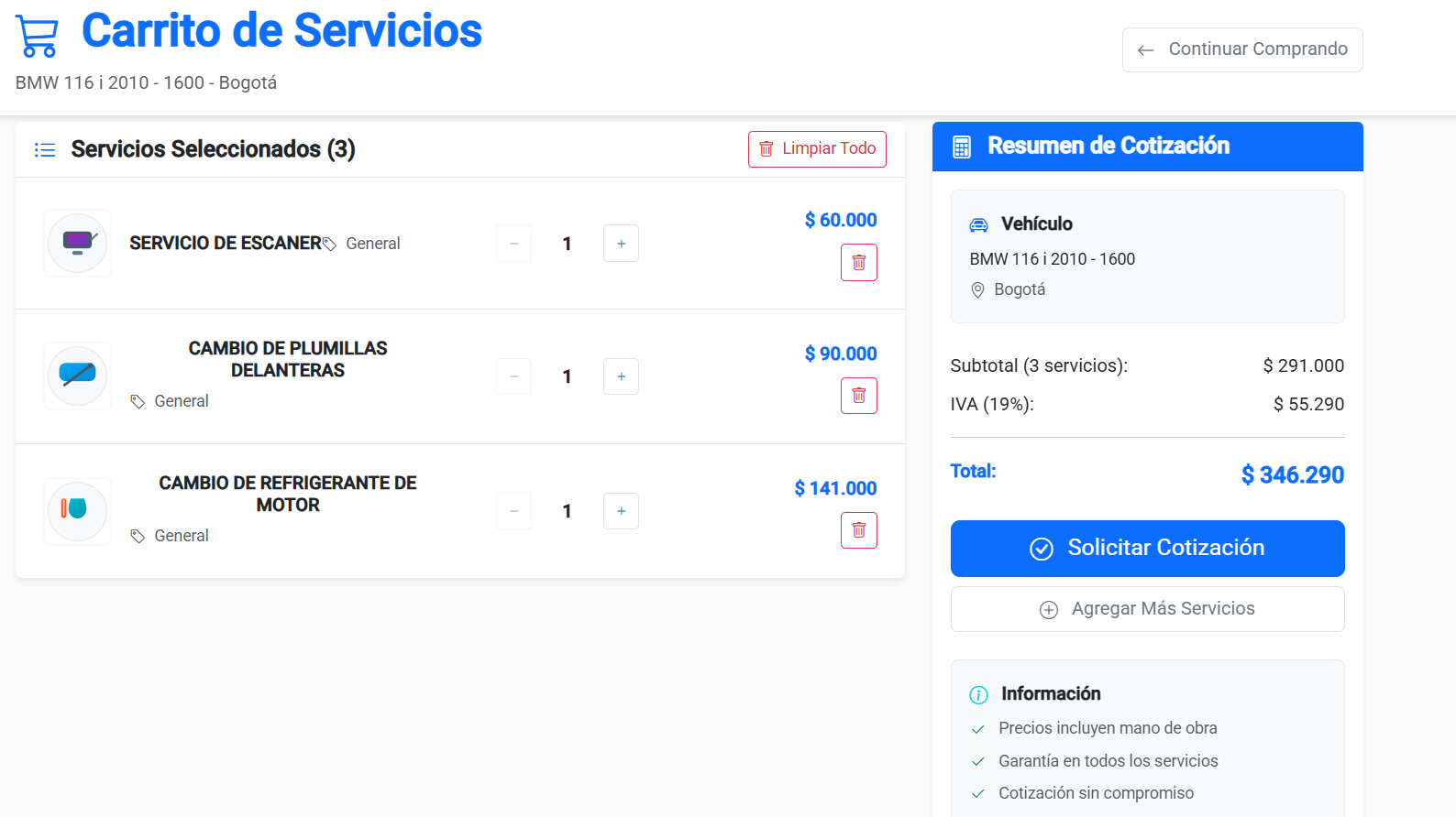 Plataforma de Cotización de Servicios Vehiculares desarrollada por Yeison Aristizabal